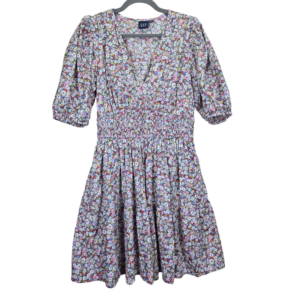 GAP Floral Puff Sleeve Dress Smocked Mini Dress‎ Medium Tall Multicolor Babydoll